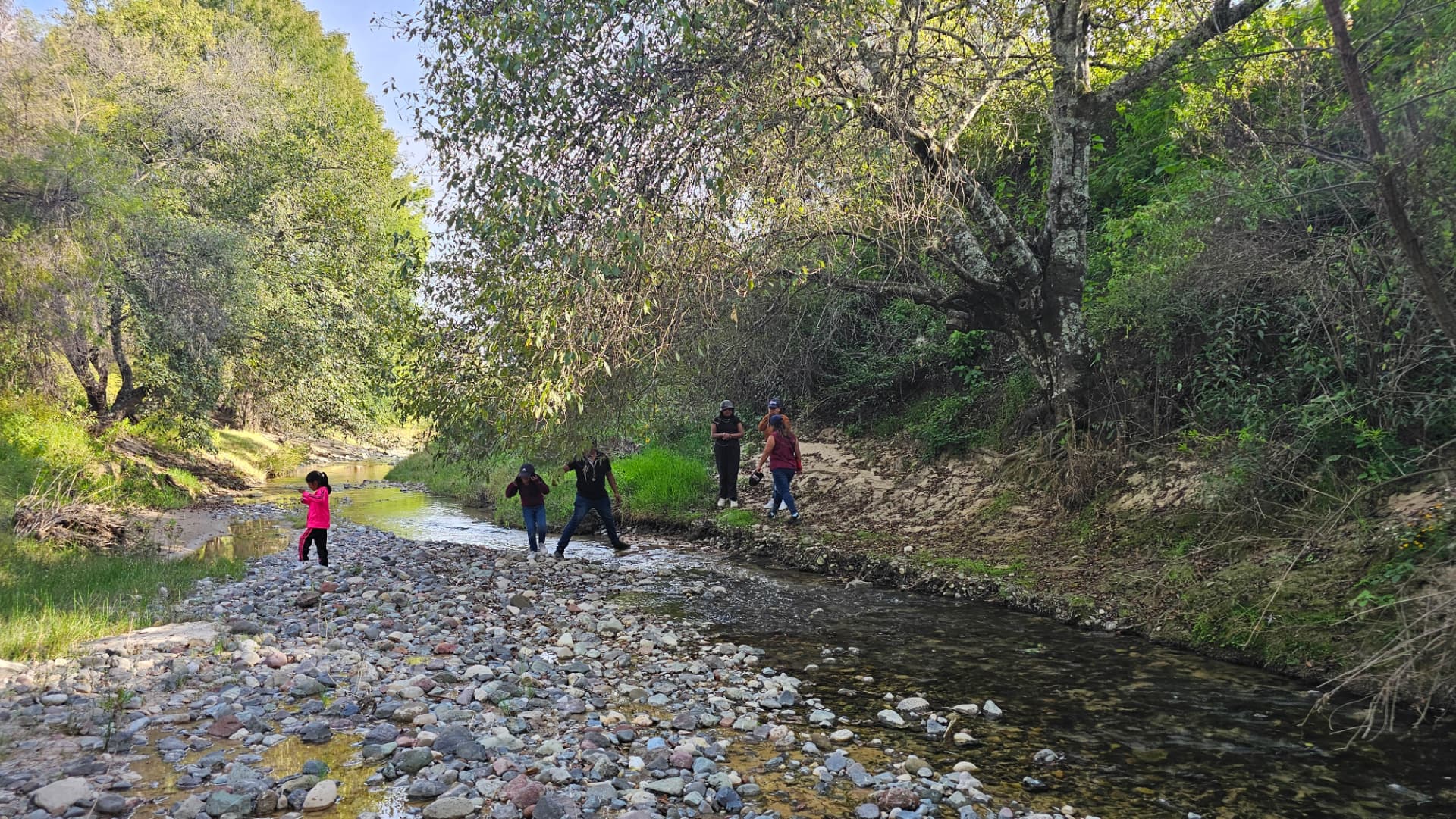 Familia recorriendo a pie el arroyo entre árboles